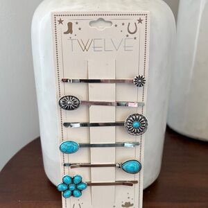 TWELVE Hair Pins, 6 pack,turquoise stones,conchos,silvertone,Western,everyday